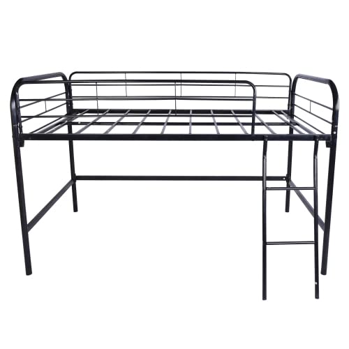 Majnesvon Metal Low Loft Bed Twin Size with Sturdy Steel Frame, Twin Loft Bed Frame with Ladder and Safety Guardrails, Storage Space Under The Bed for Kids, Toddlers, Teens (Black) Majnesvon