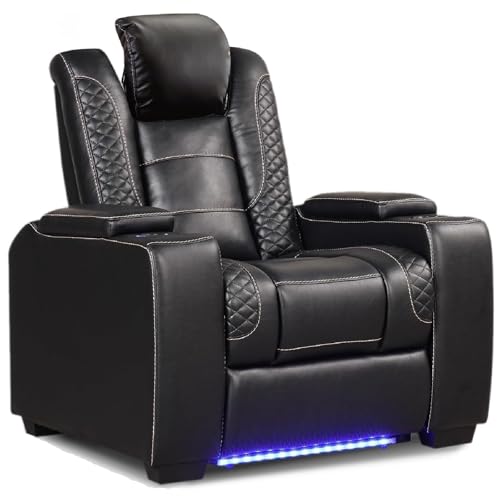 ANJ Power Home Theater Seating Recliner Chairs, PU Leather Recliner with Cup Holders, Electric Movie Theater Reclining Chairs with Adjustable Powered Headrest, LED Lights, Hidden Arm Storage (Black)