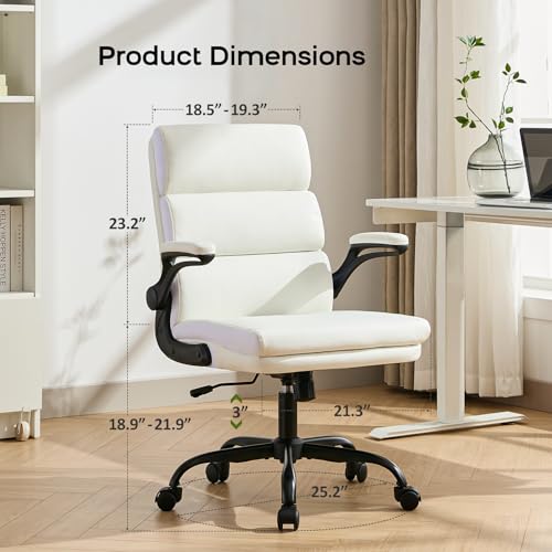 Office Chair Adjustable Desk Chair Mid Back Executive Comfortable Bonded Leather Ergonomic Back Support Home Computer Chair with Padded Flip-up Armrest Swivel Wheels (White) amseatec