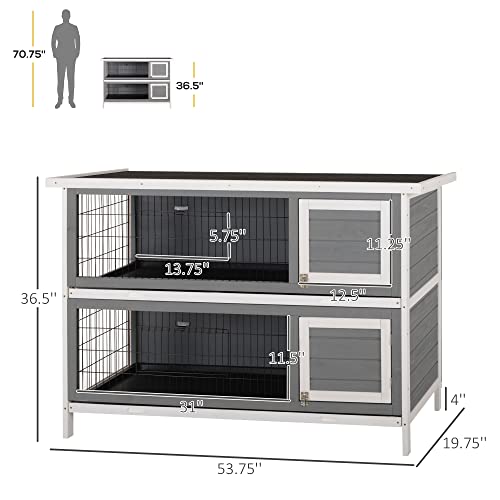 PawHut 54" 2-Story Large Rabbit Hutch Bunny Cage Wooden Pet House Small Animal Habitat with Lockable Doors, No Leak Tray and Waterproof Roof for Outdoor/Indoor Dark Grey - WoodArtSupply