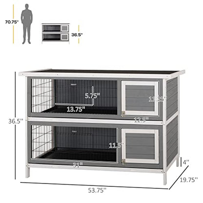 PawHut 54" 2-Story Large Rabbit Hutch Bunny Cage Wooden Pet House Small Animal Habitat with Lockable Doors, No Leak Tray and Waterproof Roof for Outdoor/Indoor Dark Grey - WoodArtSupply