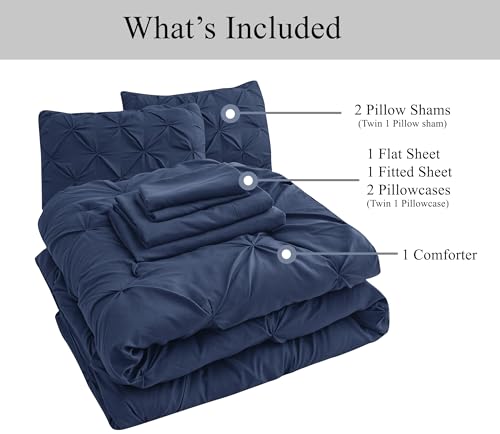 LANE LINEN Queen Comforter - Set of 7 Piece - Pintuck Stitch Design Bedding with 1 Comforter, 1 Flat Sheet, 1 Fitted Sheet, 2 Pillowcases & 2 Shams - Soft, Warm & Cozy Bedding Collection – Navy Blue LANE LINEN