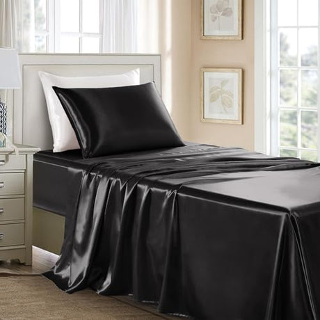 GOLAL Satin Sheets Twin Size - 3 Pieces Luxury Silky Soft Bed Sheets for Kids, Wrinkle-Free Black Satin Silk Sheet Set with 1 Deep Pocket Fitted Sheet, 1 Flat Sheet, 1 Pillow case GOLAL