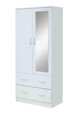 HODEDAH 2 Door Wood Wardrobe Bedroom Closet with Clothing Rod inside Cabinet, 2 Drawers for Storage and Mirror, White Hodedah