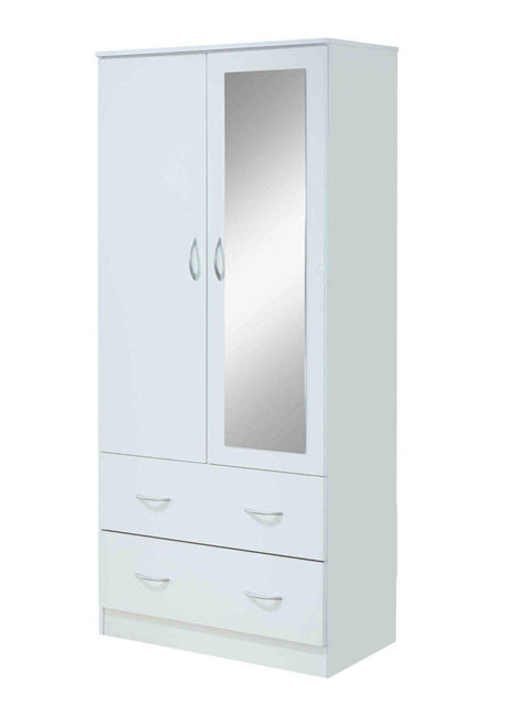 HODEDAH 2 Door Wood Wardrobe Bedroom Closet with Clothing Rod inside Cabinet, 2 Drawers for Storage and Mirror, White Hodedah