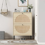 ZeHuoGe Natural Rattan Shoe Cabinet with 2 Flip Drawers, Entrance Hallway Free Standing Shoe Racks with Metal Legs for Heels, Slippers (Natural) ZeHuoGe