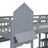 Ball & Cast Twin-Over-Twin Castle Style Bunk Bed,Wood Bunkbed w/ 2 Drawers and 3 Shelves,Full-Length Fence,Bedframe with Slide & Storage Ladder,Space Saving,Slat Support,for Child's Bedroom,Gray Ball & Cast