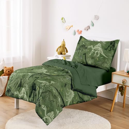Wake In Cloud - Dinosaur Toddler Bedding Set for Boys, Colorful Dino Prehistoric Fossil, 4 Pieces Soft Crib Bed Set Including Comforter, Sheets and Pillowcase, Army Green Wake In Cloud