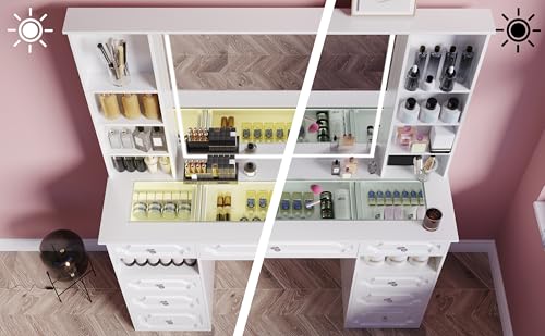 Wildhome Vanity with Mirror and Light, Vanity with Glass Top and 9 Drawers, Dresser Set with Storage Bench, Adjustable Brightness Dresser (White, Glass Table-B) Wildhome