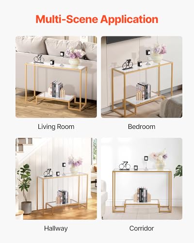 VEVOR 2-Tier Glass Console Table, Modern Rectangle Sofa Side Table with Tempered Glass Top and Iron Legs, Golden Consloe Desk with Anti-Tip Device for Living Room, Hallway, Entryway, Foyer, Golden VEVOR