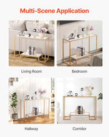VEVOR 2-Tier Glass Console Table, Modern Rectangle Sofa Side Table with Tempered Glass Top and Iron Legs, Golden Consloe Desk with Anti-Tip Device for Living Room, Hallway, Entryway, Foyer, Golden VEVOR