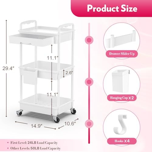 SUNALLY Makeup Cart Organizer with Drawers, Floor Skincare Organizers Vanity Storage Organizer, Rolling Makeup Bathroom Storage Cart Cosmetics Display Cases for Skin Care Perfume Nail Polish, White
