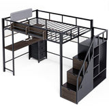 Full Size Loft Bed with Desk and Stairs, Headboard, Wardrobe, Bedside Storage Shelf, 6 Drawers, Charging Station & LED Light, Metal Gaming Loft Bed Frame for Adult Space-Saving, Black & Walnut Kikihouse