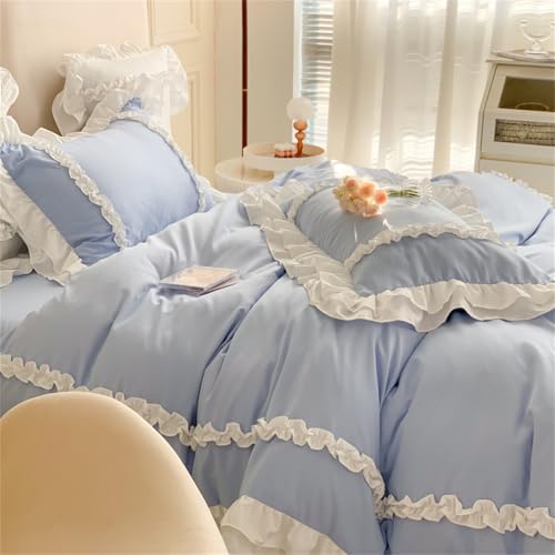 Girls Lace Bedding, Full Comforter Cover Set, Chic Ruffled Duvet Cover with 2 Layers Ruffle,Princess Style 1 Duvet Cover with 2 Pillowcases, No Comforter-Blue,Full SOUKECHY