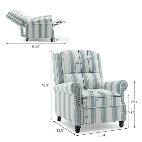Qatiby Pushback Recliner Chair, Comfy Fabric Wingback Recliner Chair, Upholstered Armchair Push Back Recliner with Wood Legs, Rivet Trim Single Sofa Accent Chair for Living Room, Bedroom, Blue Stripe Qatiby