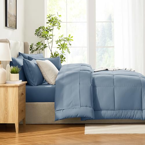 CozyLux Twin Comforter Set with Sheets Dusty Blue, 5 Pieces Bed in a Bag, Grayish Blue Comforter Twin Size, All Season Bedding Set with Stitch Quilted Comforter, Flat Sheet, Fitted Sheet, Pillowcases CozyLux
