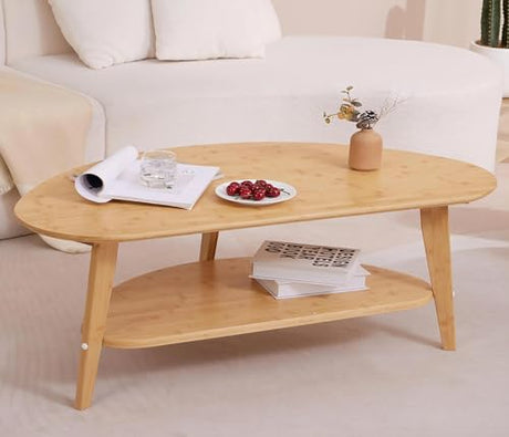 NAVREX Mid Century Modern Table with Storage Shelf, Oval Coffee Table for Living Room 41.5" Nature Bamboo Home Furniture NAVREX