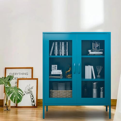 Chshin Blue Metal Cabinet,Metal Storage Cabinet,Metal Locker Storage Cabinet with 2 Mesh Doors and Adjustable Shelves,Metal Sideboard,Mesh Storage Cabinet for Home,Office,Kitchen.(40" H)