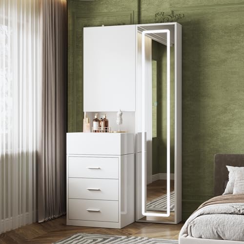 TAMUNE Vanity Desk with Mirror and Lights, Makeup Vanity with Drawers and Hidden Shelves, Full Length LED Mirror, Bedroom Dressing Table with Sliding Top, Grid Drawer, White, 19.7”D x 31.5”W x 63”H TAMUNE