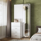 TAMUNE Vanity Desk with Mirror and Lights, Makeup Vanity with Drawers and Hidden Shelves, Full Length LED Mirror, Bedroom Dressing Table with Sliding Top, Grid Drawer, White, 19.7”D x 31.5”W x 63”H TAMUNE
