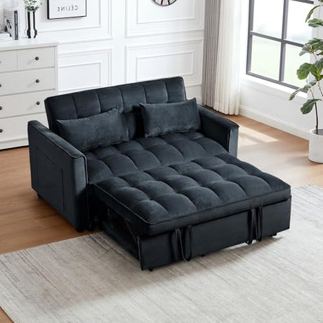 3 in 1 Convertible Sleeper Sofa Bed, 54'' Full Size Velvet Pull Out Futon Couch Recliner with Reclining Backrest & 2 Pillows, Small Loveseat Lounge Couches for Small Spaces (Black) Generic