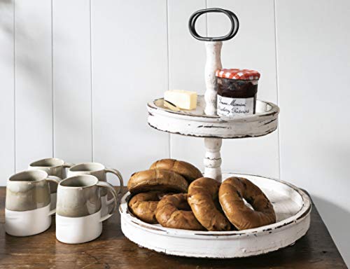 Creative Co-op EC0125 Distressed Wood 2-Tier Tray with Metal Handle, Cream Creative Co-Op