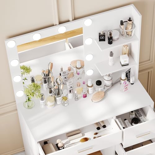 Rovaurx Makeup Vanity Table with Lighted Mirror, Makeup Vanity Desk with Storage Shelf and 4 Drawers, Bedroom Dressing Table, 10 LED Lights, White RSZT104W - WoodArtSupply