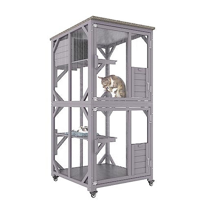 VEVOR 3-Tier Cat Playpen Catio with Wheels, Resting Box, Waterproof Roof, Windows & Doors, Removable Tray