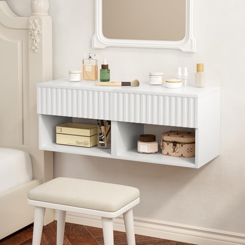 AURINEST Floating Nightstand Set of 2, Modern Wall Mounted Bedside Tables with Fluted Drawer, Night Stand Small End Table with Open Storage Shelf for Bedroom, Living Room, Small Spaces, White AURINEST