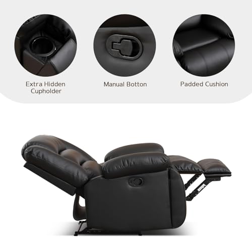EBELLO Manual Recliner Chair, Faux Leather Reclining Chair with Hidden Cup Holders, Overstuffed Armrests and Back, Manual Single Sofa for Adult, Black