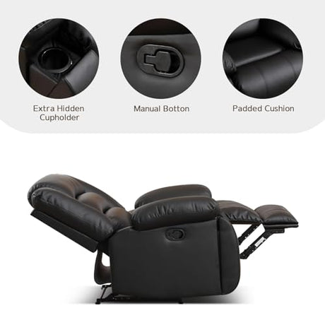 EBELLO Manual Recliner Chair, Faux Leather Reclining Chair with Hidden Cup Holders, Overstuffed Armrests and Back, Manual Single Sofa for Adult, Black EBELLO