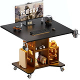 Pamray Small Rolling Gaming Desk with Led Lights Power Outlets and Storage Pegboard, Small Spaces Compact PC Computer Table Balck Pamray