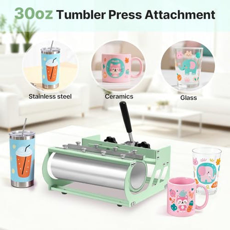 Slendor Heat Press 15x15 Inch 5 in 1 Heat Press Machine 360-Degree Swing Away Digital T Shirt Pressing Machine Multifunction Heat Transfer Sublimation Combo for T Shirts Mugs Hat Plate Cap,Green Slendor