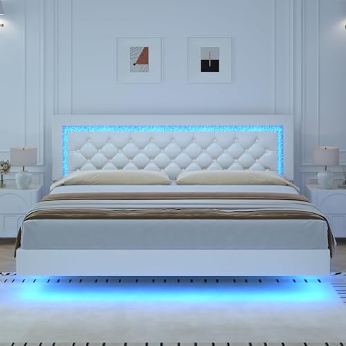 BarnFurin Floating Bed Frame with LED Lights, Upholstered Platform Bed with Diamond Tufted Headboard (White, King) BarnFurin
