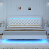 BarnFurin Floating Bed Frame with LED Lights, Upholstered Platform Bed with Diamond Tufted Headboard (White, King) BarnFurin
