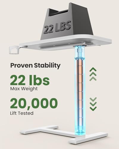 Marsail 28×16" Overbed Table with Wheels and 360° Cup Holder, Height-Adjustable Pneumatic Bedside Table, Mobile Computer Standing Desk for Home Office, White Marsail
