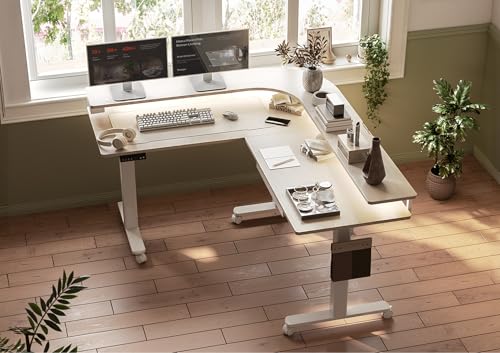 Claiks 63" L Shaped Standing Desk with Drawers and LED Lights, Height Adjustable Electric Corner Standing Desk with Monitor Stand & Power Outlet, 4 Memory Preset, Nature Claiks