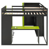 Twin Size Gaming Loft Bed with Lights & USB Ports & Dual Desk for 2 Teens Adults,Wood L-Shaped Loft Bed Frame with Double twin Beds, TV Stand,Storage Shelves and Ladders for Gamers Teens Adults,Green FUvellamo