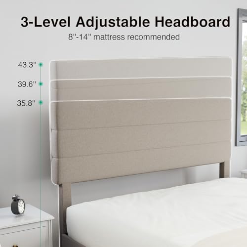 Novilla King Bed Frame and Headboard, King Bed Frame, Linen Upholstered Stripe Bed Frames, No Box Spring Needed, Heavy Duty Feet, Easy Assembly, Beige Novilla