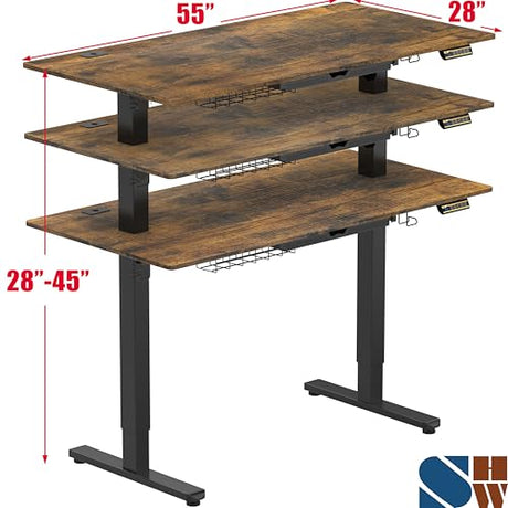 SHW 55 x 28 Inches Electric Height Adjustable Standing Desk with Drawer and Memory Preset, Rustic Brown SHW