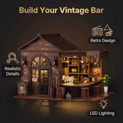 Book Nook Kit, 3D Wooden Miniature Tavern & Pub Dollhouse with LED Lights - DIY Mini House Craft Model for Adults, Birthday Valentine's Day Gift for Women Men