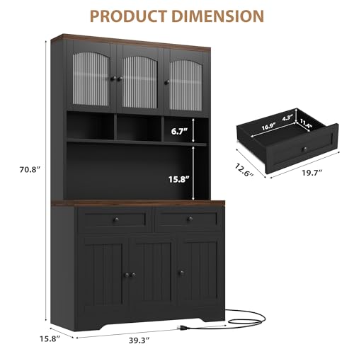 GarveeHome Pantry Cabinet with Charging Station, Tall Kitchen Pantry Storage Cabinet with Hutch,70.8 Inch Kitchen Cabinet with 30mm Thickened Countertop, Fluted Glass Doors, for Dining Room, Balck GarveeHome