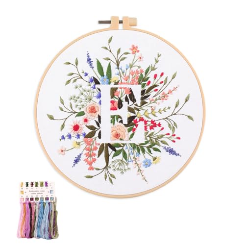 artcici Embroidery Kits Plant Flower Leaf English Letter Patterns for Beginners Adults, Full Range Embroidery Starter Kits Cross Stitch Needlework Supplies (Letter E)