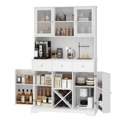 HOSTACK 68" Tall Kitchen Pantry Storage Cabinet, Modern Kitchen Hutch with Microwave Stand, Food Pantry Cabinet with Countertop & Shelves, Buffet Bar Cabinet with Wine Rack for Dining Room, W - WoodArtSupply