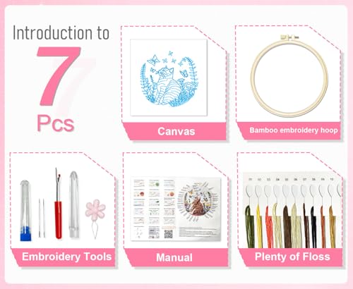 Huacan Embroidery Kit for Beginners Adults Includes Stamped Cat Pattern, Hoop, Color Threads,Tools,Easy to Follow Instruction