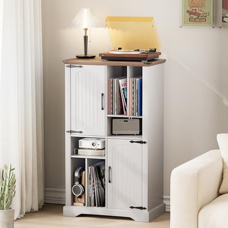 Maupvit Record Player Stand with Vinyl Storage Cabinet, 47" Wood Turntable Table Open and Closed Shelf Holder, 400+ Albums Cube Storage Organizer for Living Room, Office,White Maupvit