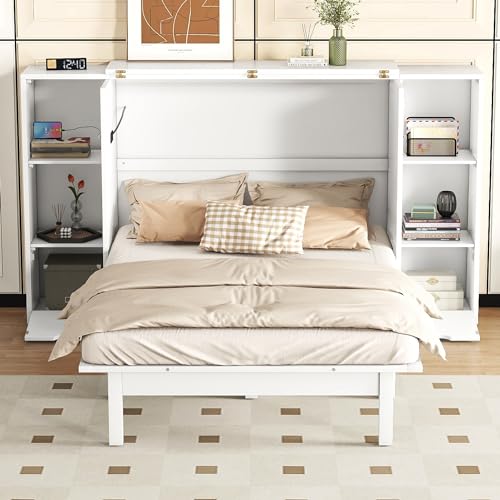 Queen Murphy Bed Wall Bed with Storage and Bookcase Headboard, Solid Wood Murphy Cabinets Bed with Shelves, Drawers and USB Ports, Multi-Function Platform Bed for Home Office, Guest Room - White Harper & Bright Designs