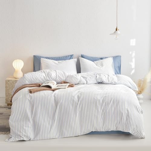 Wake In Cloud - Striped Cotton Duvet Cover Set, Ticking Stripe Vertical Pinstripe Farmhouse, 100% Washed Cotton Textured Percale Bedding Set, 3 Pieces, Blue White, Full Size Wake In Cloud