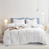 Wake In Cloud - Striped Cotton Duvet Cover Set, Ticking Stripe Vertical Pinstripe Farmhouse, 100% Washed Cotton Textured Percale Bedding Set, 3 Pieces, Blue White, Full Size Wake In Cloud