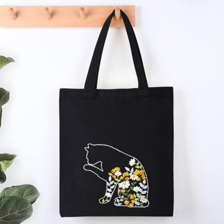 Smart-Feather Cat Embroidery Kit for Beginners Adults, Hand Embroidery Tote Bag Kit with Hoop and Patterns Smart-Feather